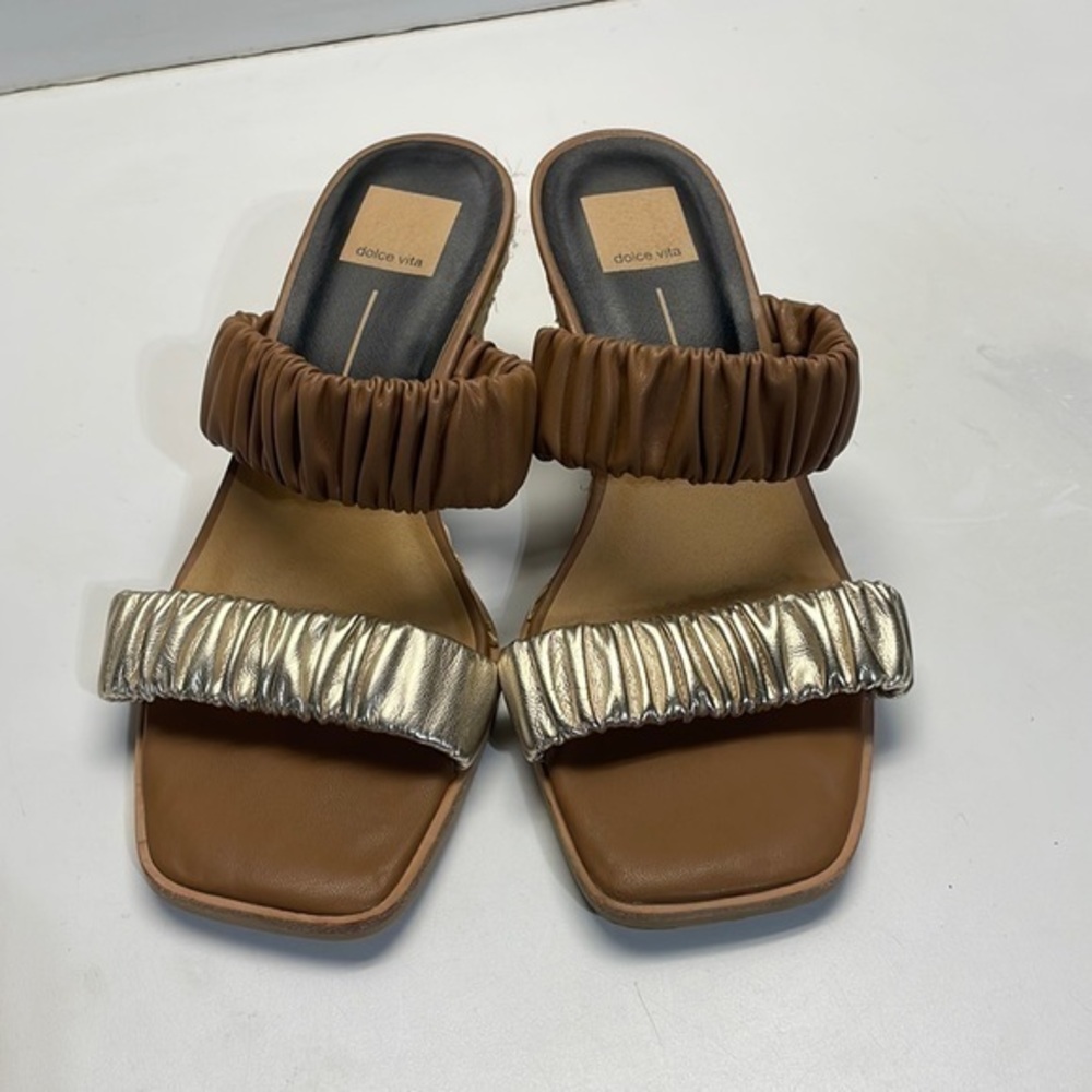Dolce Vita two strap gold and tan rope wedges